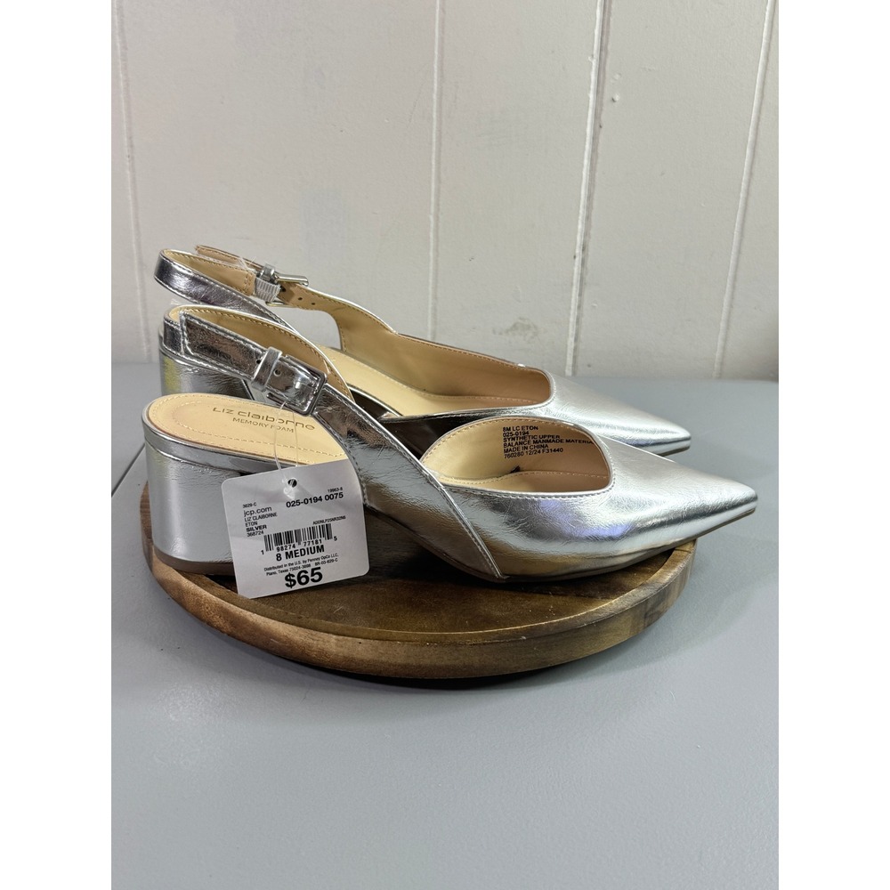 Liz Claiborne Eton Slingback Pump Women 8 Silver New Metallic Block Heel Pointed